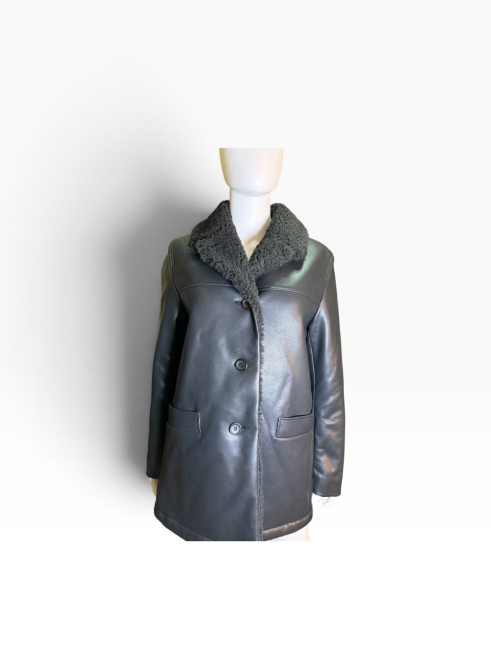 Ines De La Fressange Uniqlo Womens Black Faux Leather Sherpa Coat Fall M EUC